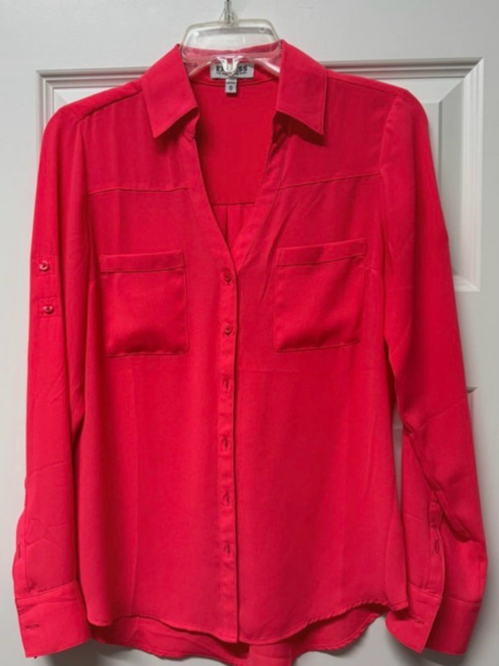 Express Bright Red Button-Front Blouse with Chest Pockets